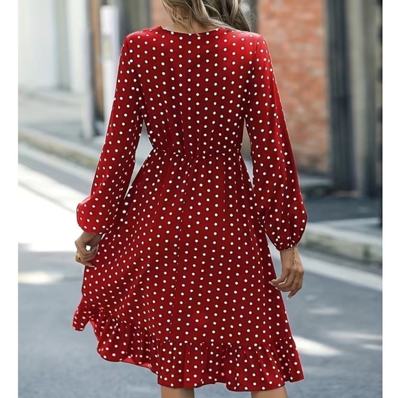 Nwt Retro V Neck Ruffle Long Sleeve Polka Dot Midi Dress Red White M L XL - Picture 6 of 6